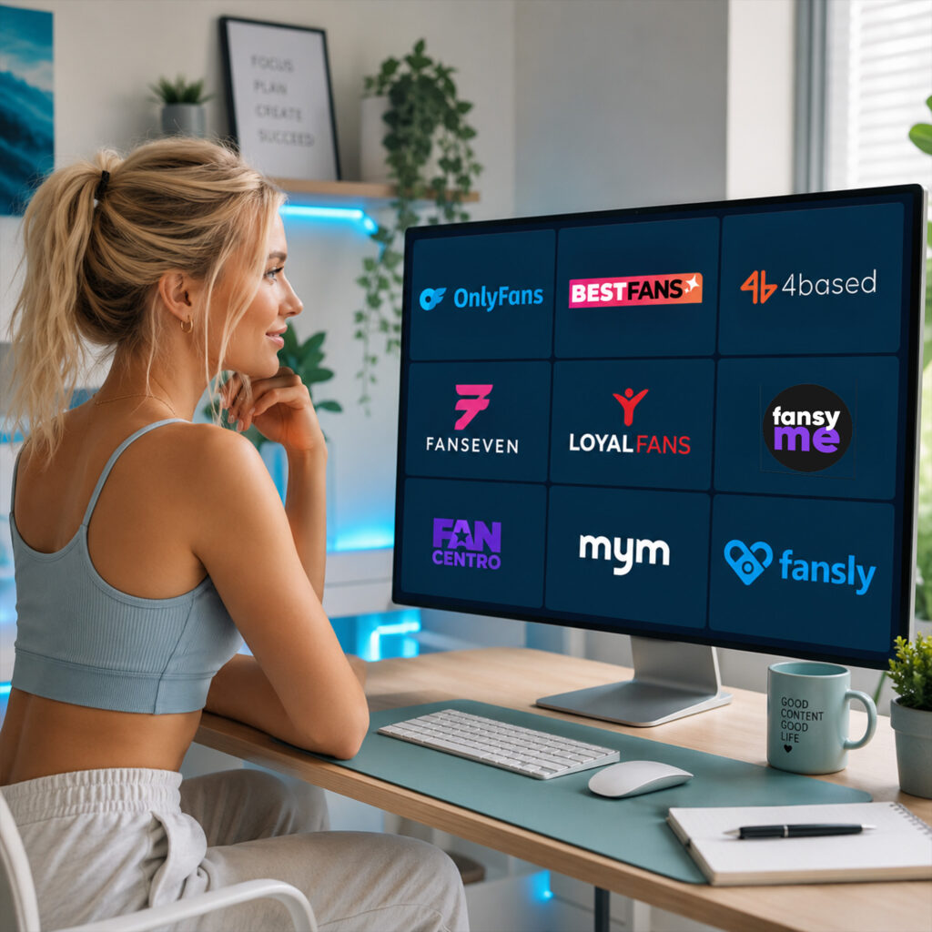 Blonde Frau sitzt vor einem Monitor mit Logos von Fan-Sites wie OnlyFans, 4based, BestFans und fanseven