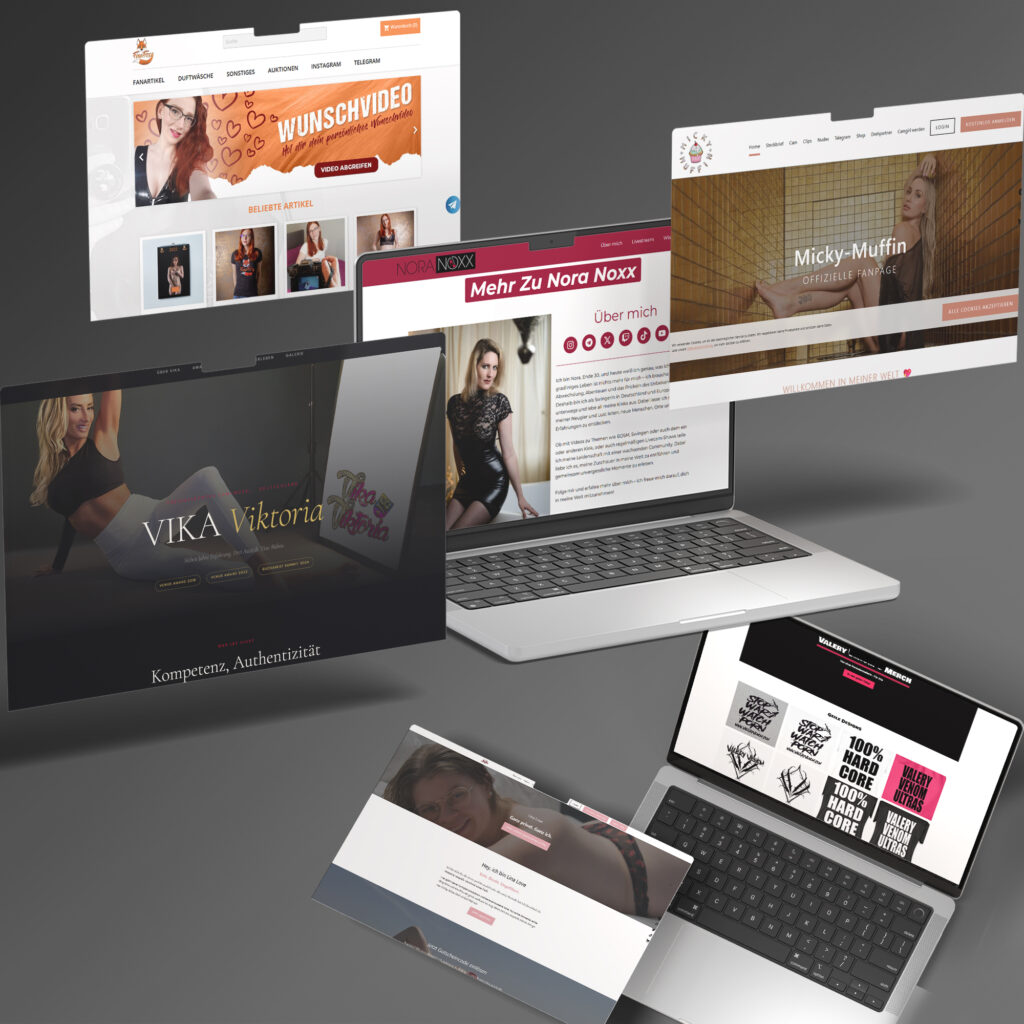 Mehrere Bildschirme zeigen Webseiten von Models aus dem Vikamodels Netzwerk – darunter Vika Viktoria, Valery Venom, Nora Noxx und weitere