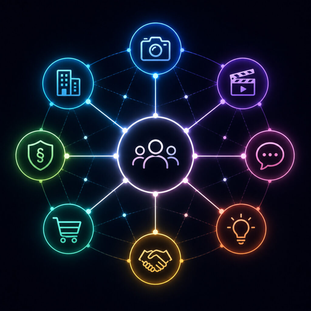 Neon-Netzwerkgrafik mit Icons für Fotografie, Video, Shops, Kooperationen, PR und weitere Branchenkontakte