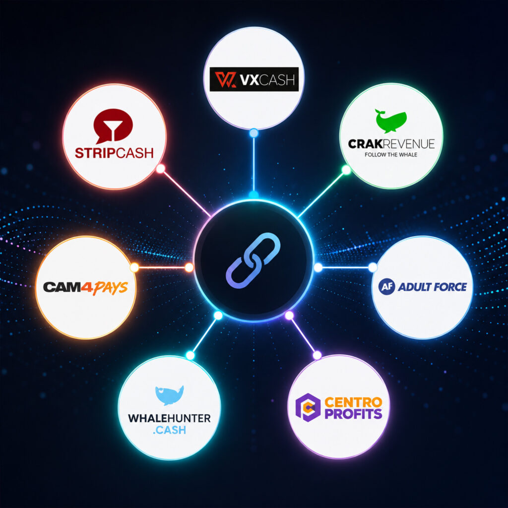 Netzwerkgrafik mit Logos von Affiliate-Programmen wie VXCash, StripCash, CrakRevenue, Adult Force und Whalehunter.cash