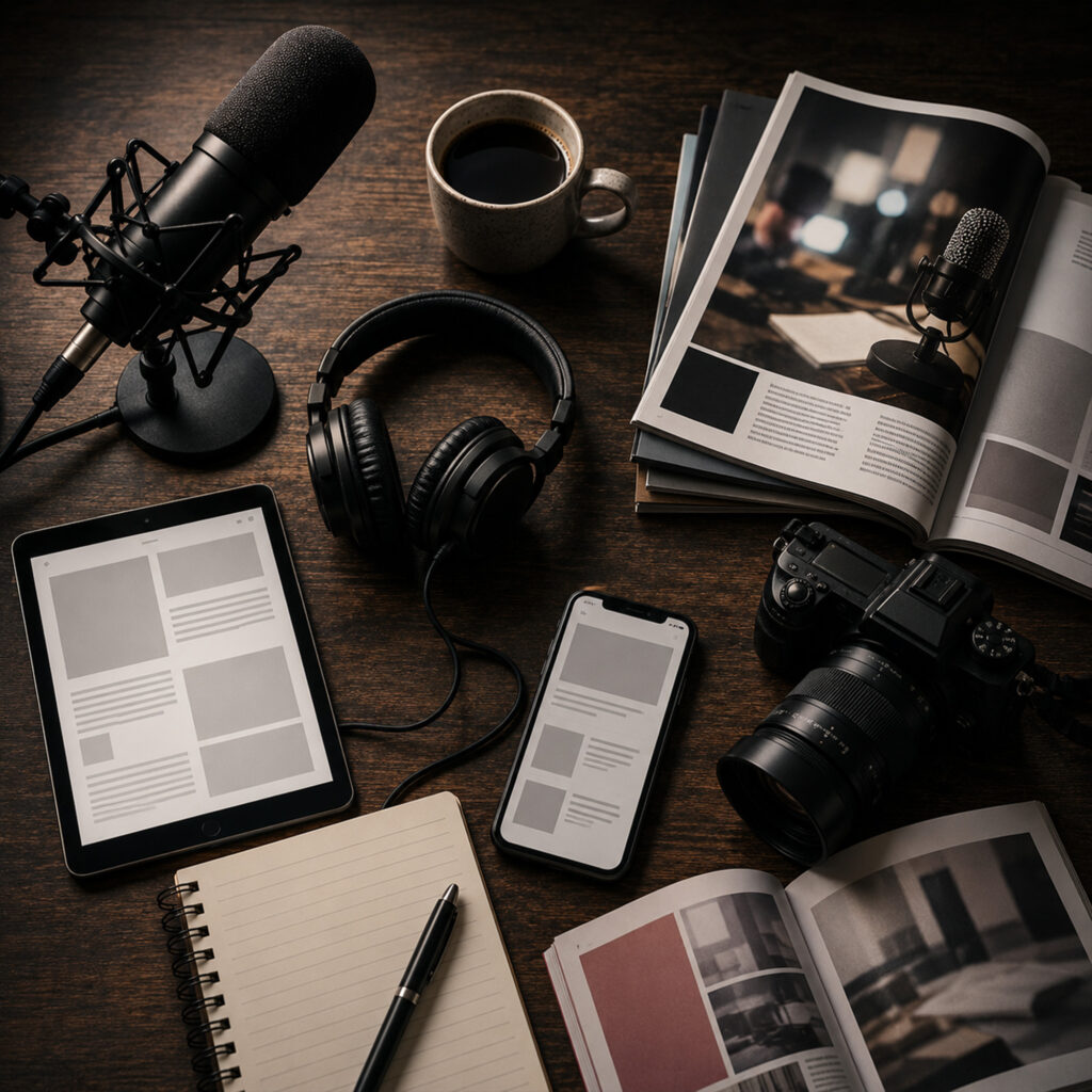 Flatlay mit Podcast-Mikrofon, Kopfhörern, Magazinen, Tablet, Smartphone, Kamera und Notizbuch auf einem Holztisch