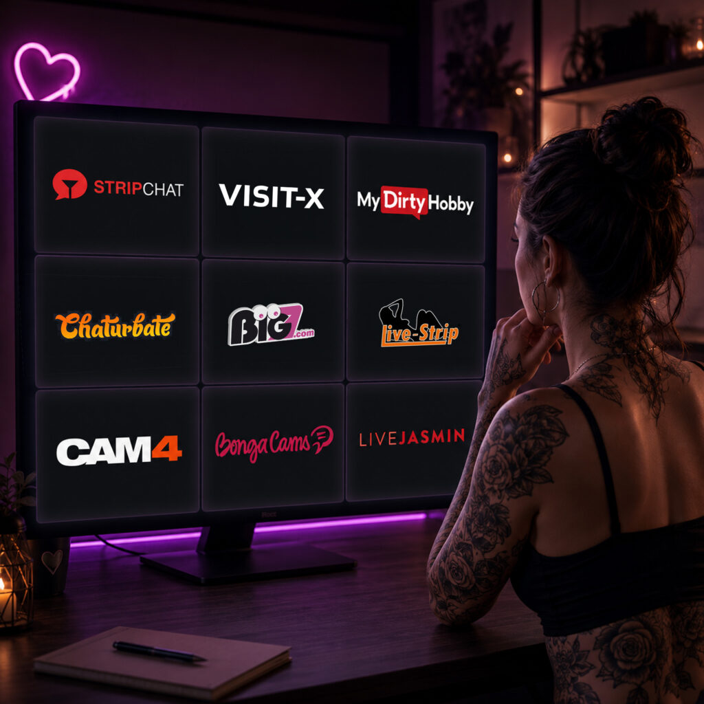 Tätowierte Frau von hinten schaut auf einen Monitor mit Logos von Stream-, Cam- und Video-Seiten wie Stripchat, Chaturbate, MyDirtyHobby und Visit-X