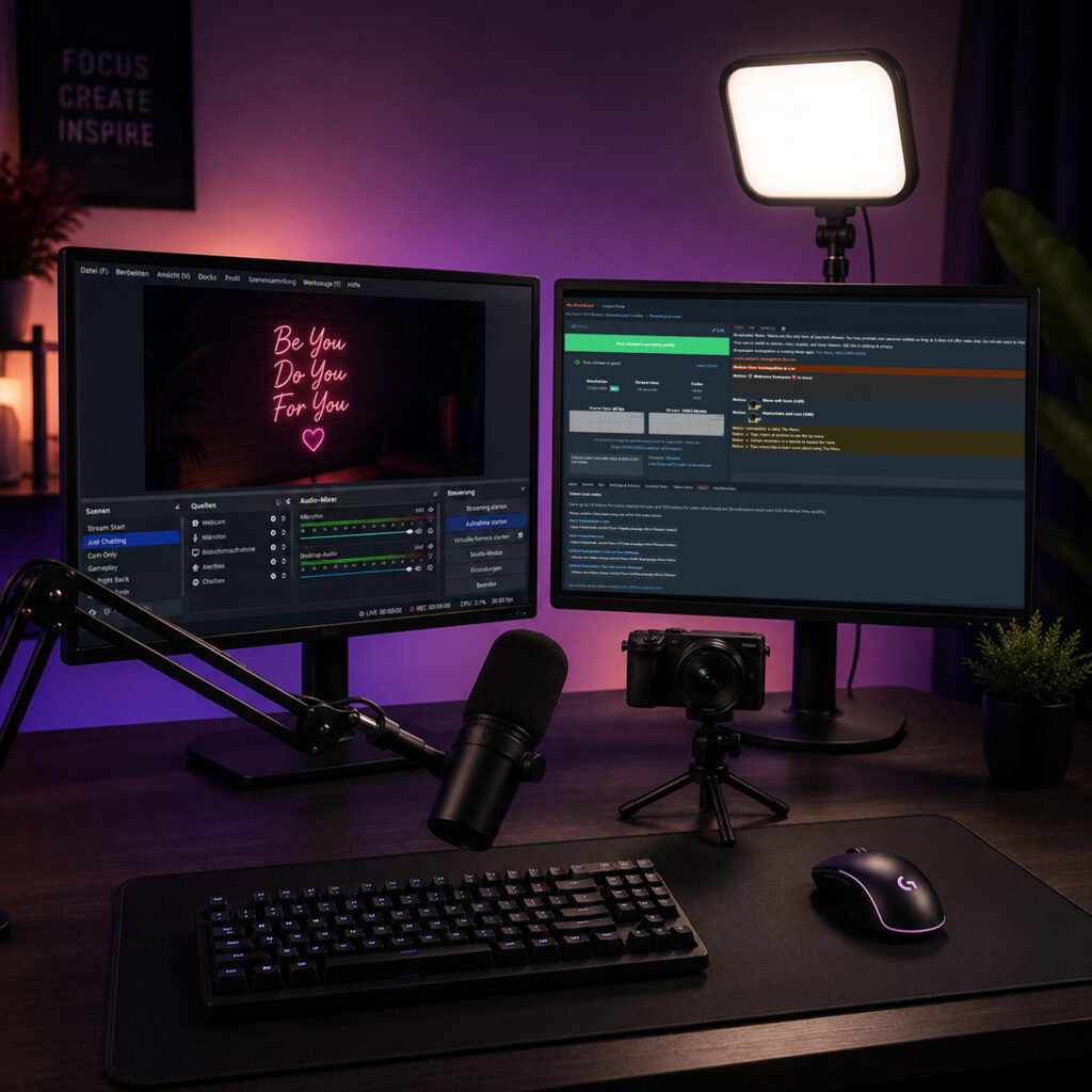 Streaming-Setup mit zwei Monitoren, OBS-Software, Mikrofon, Kamera und LED-Licht in einem lila beleuchteten Raum