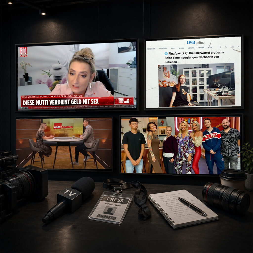 Collage mit TV- und Presseauftritten aus dem Vikamodels Netzwerk – darunter Bild Live, Talk Täglich und ein Zeitungsartikel der OVB online